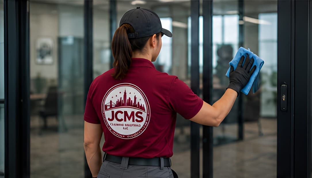 JCMS cleaner wiping a glass door