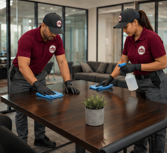 Two JCMS cleaners wiping a conference room table